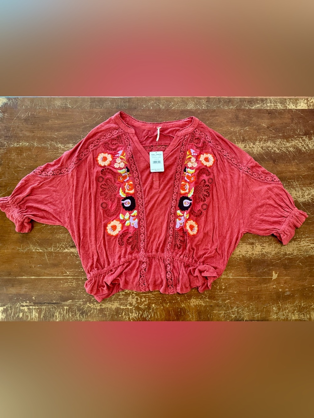 Free People NWT Sangria Combo Embroidered Lace Boho Peasant Top Medium